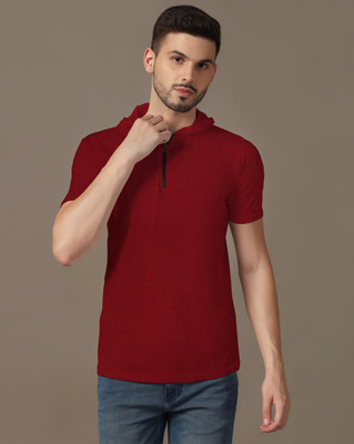 GEUM Solid Men Hooded Neck Maroon T-Shirt