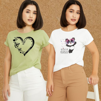 Kasendra Printed Women Round Neck Green, White T-Shirt