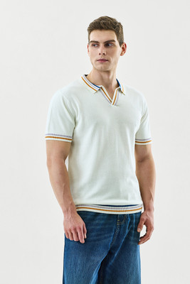 Snitch Striped Men Polo Neck White T-Shirt