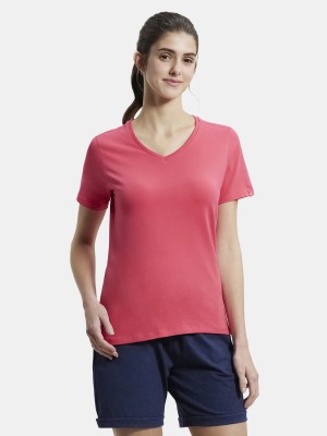 JOCKEY Solid Women V Neck Pink T-Shirt