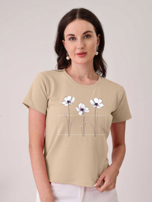 Moda Rapido Printed Women Round Neck Beige T-Shirt