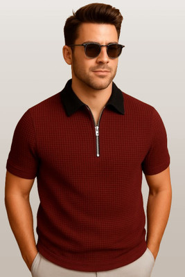 Rufica Self Design Men Polo Neck Maroon T-Shirt