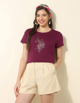 U.S. POLO ASSN. Printed Women Crew Neck Purple T-Shirt