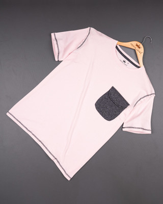 french crown Solid Men Round Neck Pink T-Shirt