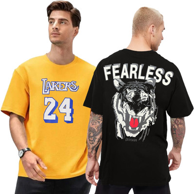 Leotude Printed Men Round Neck Black, Yellow T-Shirt