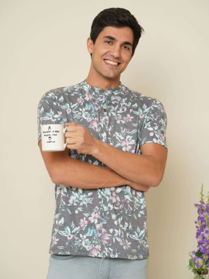 Estilocus Floral Print Men Henley Neck Grey T-Shirt