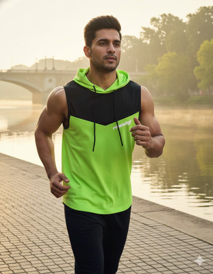 Ganpati Colorblock Men Hooded Neck Light Green, Black T-Shirt