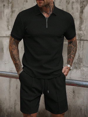 KAJARU Self Design Men Polo Neck Black T-Shirt