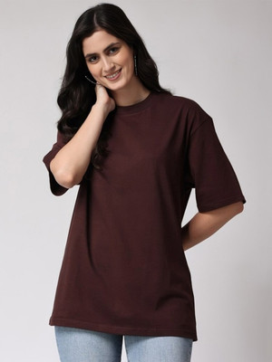 MAYKR Solid Women Round Neck Brown T-Shirt