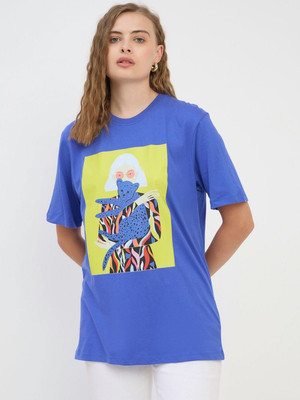 Mast & Harbour Printed Women Round Neck Blue T-Shirt