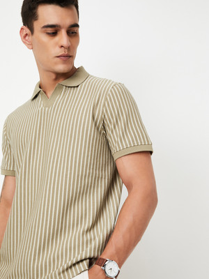 MAX Striped Men Round Neck Beige T-Shirt