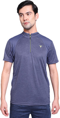 TECHNOSPORT Solid Men Mandarin Collar Navy Blue T-Shirt