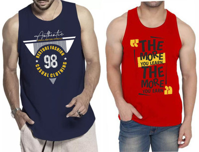 WOOSTRO Printed Men Round Neck Dark Blue, Red T-Shirt