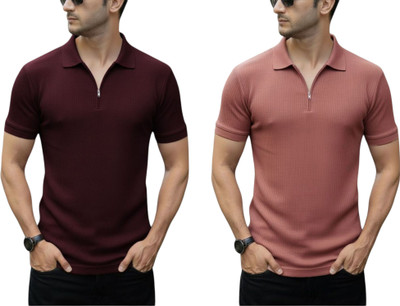DSV Self Design Men Zip Neck Maroon, Pink T-Shirt