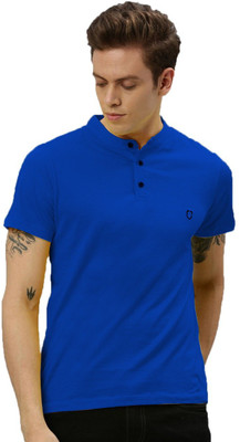 ZEDIN Solid Men Mandarin Collar Blue T-Shirt