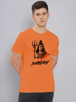 Aditi Fashion Printed Men Round Neck Orange T-Shirt