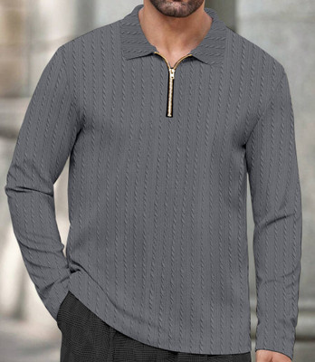 KAJARU Striped Men Polo Neck Grey T-Shirt