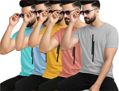 P collection Striped Men Round Neck Light Green, Light Blue, Yellow, Pink, Grey T-Shirt