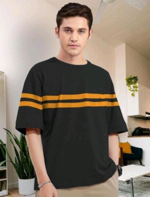 FASHIUM Striped Men Round Neck Black T-Shirt