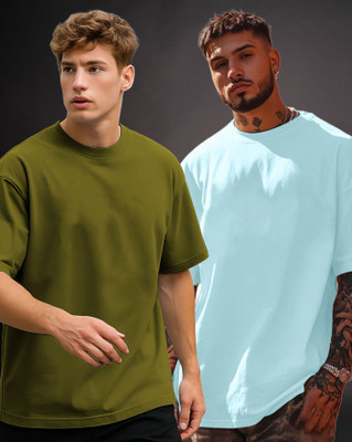 AOOSH Solid Men Round Neck Green, Light Blue T-Shirt