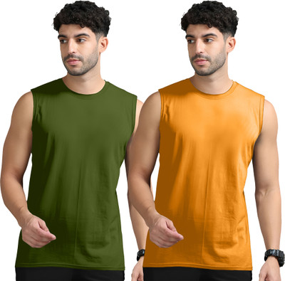 Adorbs Solid Men Round Neck Dark Green, Orange T-Shirt