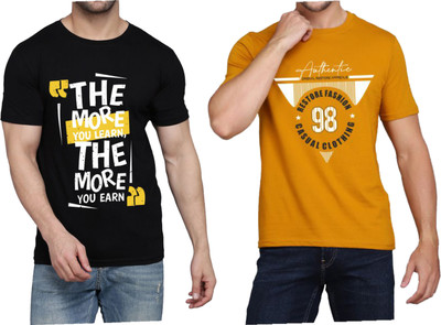 WOOSTRO Printed Men Round Neck Black, Brown T-Shirt