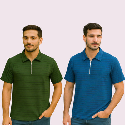 METRONAUT Striped Men Polo Neck Dark Green, Blue T-Shirt