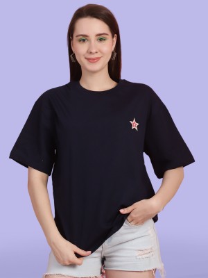 DreamBe Printed Women Round Neck Navy Blue T-Shirt