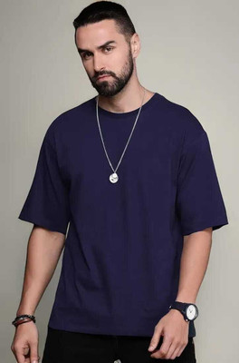 R S Fashion Trend Solid Men Round Neck Blue T-Shirt