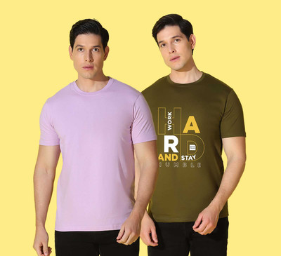 WOOSTRO Printed, Solid Men Round Neck Purple, Green T-Shirt