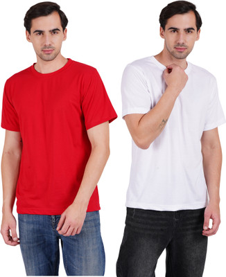 Fusiontees Solid Men Round Neck Red, White T-Shirt