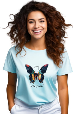 Witty Curlss Printed Women Round Neck Blue T-Shirt