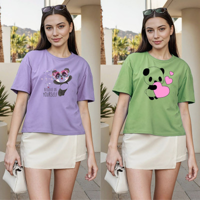 Herway Printed Women Round Neck Purple, Green T-Shirt