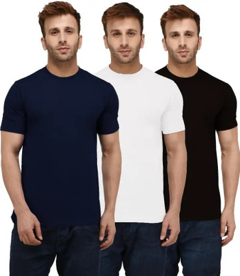 Brainbees Solid Men Round Neck Dark Blue, White, Black T-Shirt
