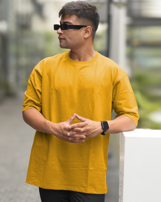 Manzo Solid Men Round Neck Yellow T-Shirt