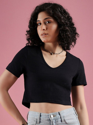 Dressberry Solid Women V Neck Black T-Shirt