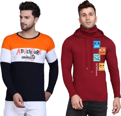 SLOWLORIS Printed Men Hooded Neck Orange, Maroon T-Shirt