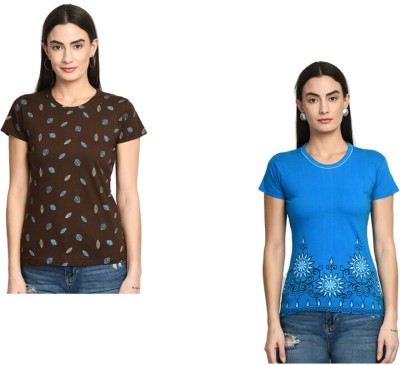 IndiWeaves Printed Women Round Neck Multicolor T-Shirt