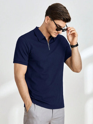 METRONAUT Solid Men Polo Neck Dark Blue T-Shirt