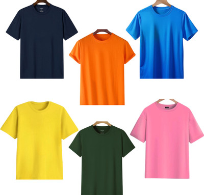 lalita creation Solid Men Round Neck Navy Blue, Orange, Blue, Yellow, Green, Pink T-Shirt