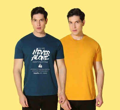 WOOSTRO Typography Men Round Neck Blue, Yellow T-Shirt