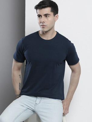 OrrganicChics Solid Men Round Neck Navy Blue T-Shirt