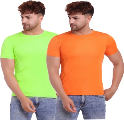 KASPY Solid Men Round Neck Orange, Light Green T-Shirt