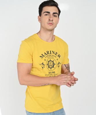 defacto Printed, Typography Men Round Neck Yellow T-Shirt