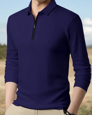 GARBLY Solid Men Polo Neck Blue T-Shirt