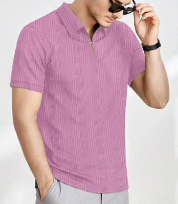 Tylissa Checkered Men Zip Neck Reversible Pink T-Shirt