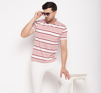 First Krush Striped Men Polo Neck Pink T-Shirt