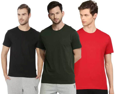 VAN HEUSEN Solid Men Round Neck Black, Dark Green, Red T-Shirt