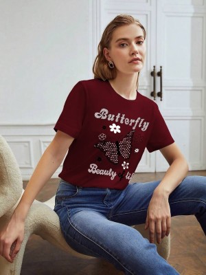 THE DRY STATE Graphic Print Women Round Neck Maroon T-Shirt