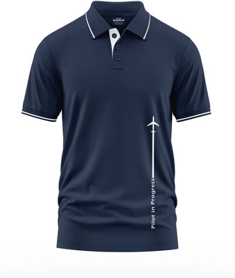 Warriorworld Printed Men Polo Neck Navy Blue T-Shirt